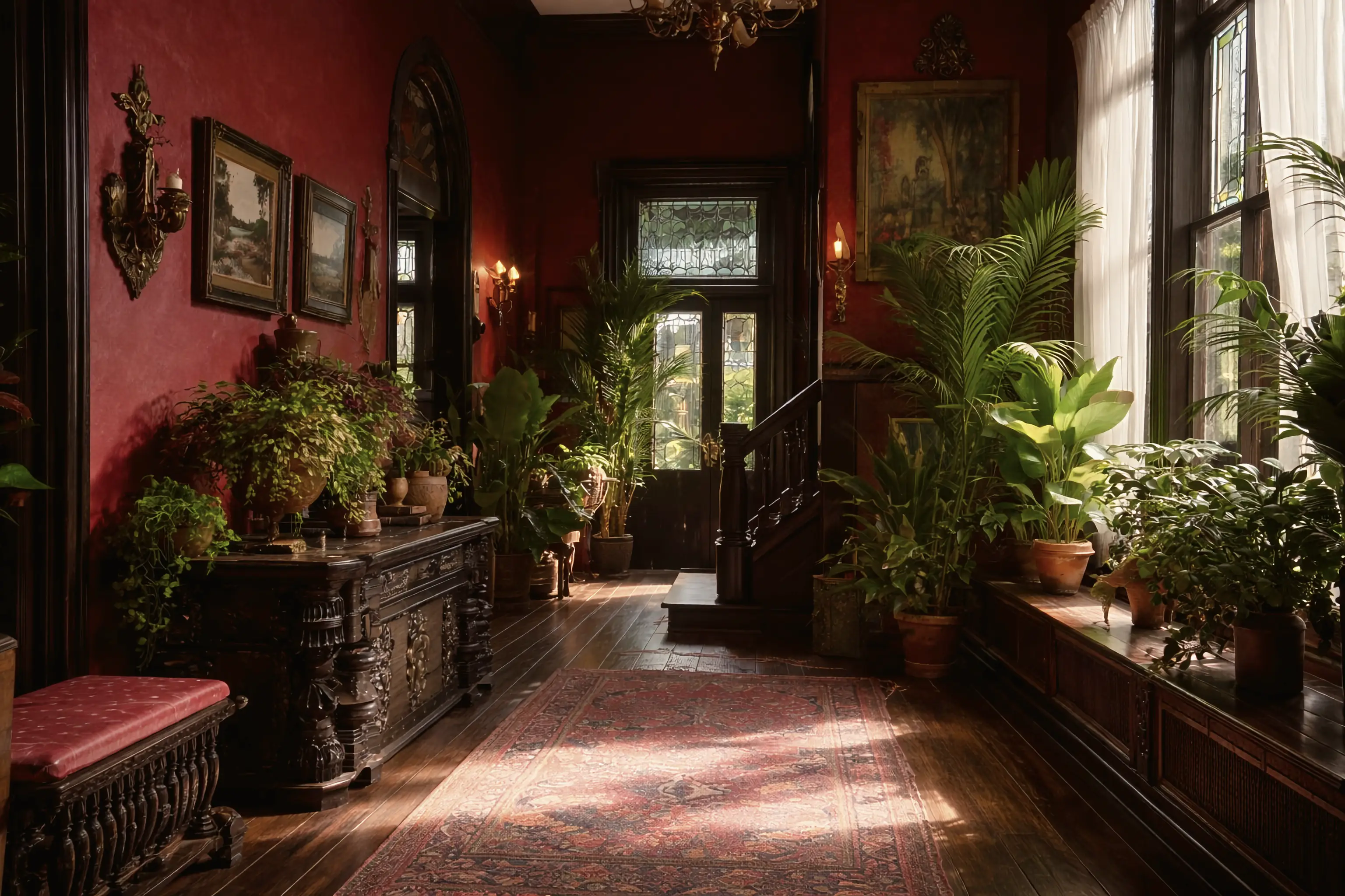 Red botanical interior