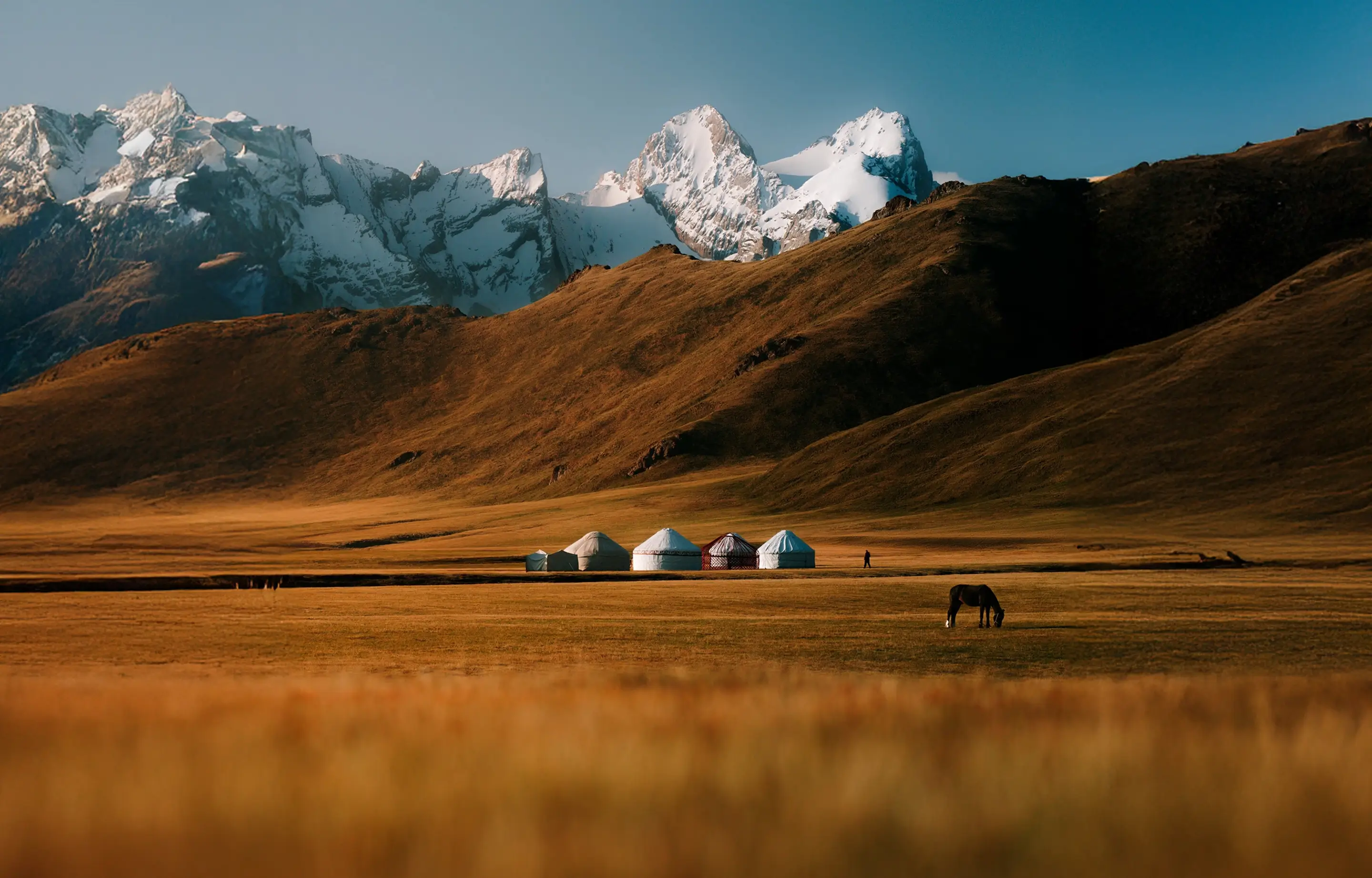 Mountain landscape with yurts